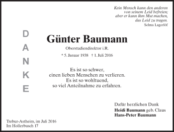 Traueranzeige von Günter Baumann von Trauerportal Rhein Main Presse