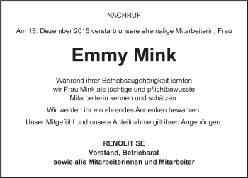 Traueranzeige von Emmy Mink von trauer.rmp.de