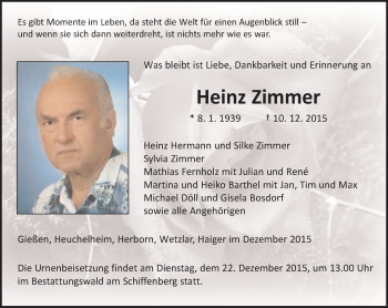 Traueranzeige von Heinz Zimmer von  Gießener Anzeiger