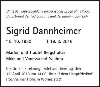 Traueranzeige von Sigrid Dannheimer von  Wormser Zeitung