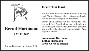 Traueranzeige von Bernd Hartmann von  Allgemeine Zeitung Mainz