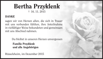 Traueranzeige von Bertha Przyklenk von  Mainspitze