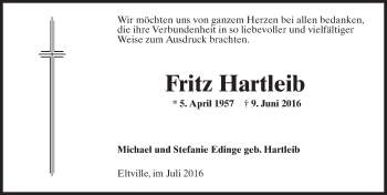 Traueranzeige von Fritz Hartleib von Trauerportal Rhein Main Presse