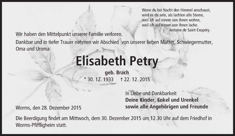 Traueranzeige für Elisabeth Petry vom 28.12.2015 aus  Wormser Zeitung