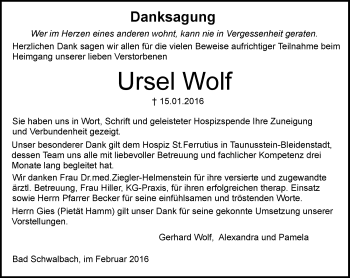 Traueranzeige von Ursel Wolf von  WK-UTA/Aar-Bote