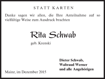 Traueranzeige von Rita Schwab von  Allgemeine Zeitung Mainz