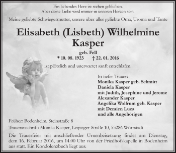 Traueranzeige von Elisabeth Wilhelmine Kasper von  Allgemeine Zeitung Mainz