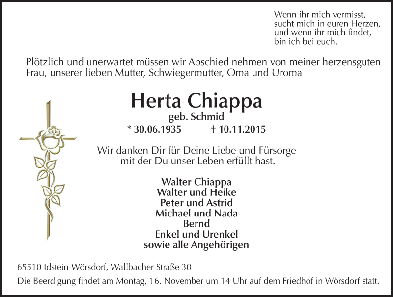  Traueranzeige für Herta Chiappa vom 12.11.2015 aus  Idsteiner Zeitung