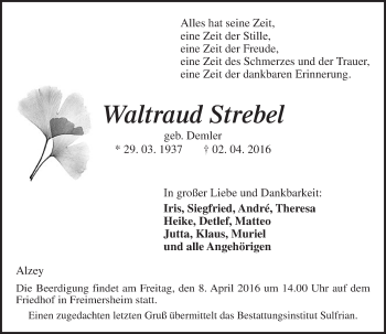 Traueranzeige von Waltraud Strebel von  Allgemeine Zeitung Alzey