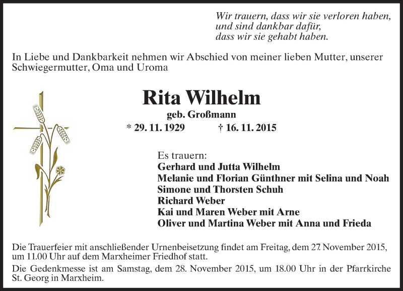  Traueranzeige für Rita Wilhelm vom 20.11.2015 aus  Hofheimer Zeitung