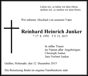 Traueranzeige von Reinhard Heinrich Junker von  Gießener Anzeiger