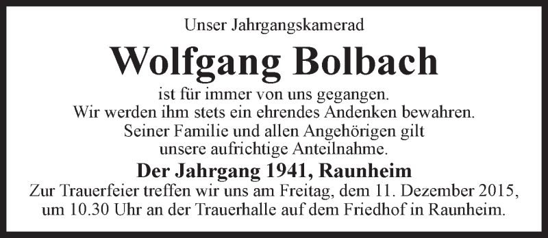  Traueranzeige für Wolfgang Bolbach vom 05.12.2015 aus  Mainspitze