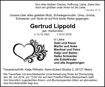 Traueranzeige von Gertrud Lippold von Trauerportal Rhein Main Presse