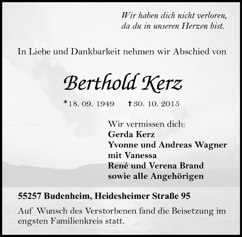  Traueranzeige für Berthold Kerz vom 14.11.2015 aus  Allgemeine Zeitung Mainz