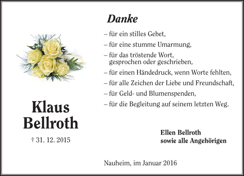  Traueranzeige für Klaus Bellroth vom 22.01.2016 aus  Mainspitze