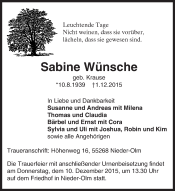 Traueranzeige von Sabine Wünsche von  Allgemeine Zeitung Mainz