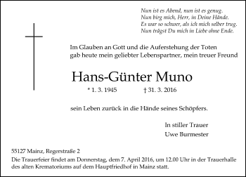 Traueranzeige von Hans-Günter Muno von  Allgemeine Zeitung Mainz