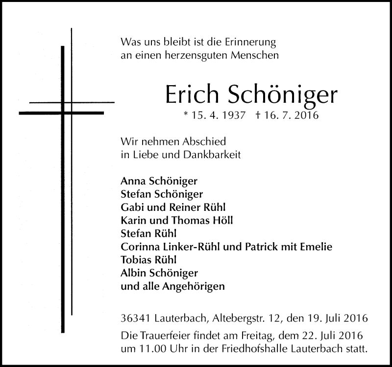 Traueranzeige für Erich Schöniger vom 19.07.2016 aus VRM Trauer