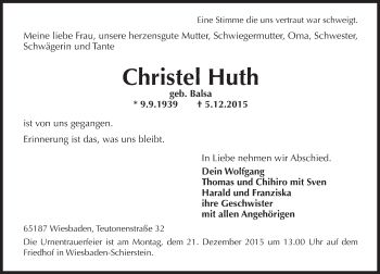 Traueranzeige von Christel Huth von  Wiesbaden komplett