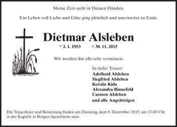 Traueranzeige von Dietmar Alsleben von  Allgemeine  Zeitung Ingelheim-Bingen