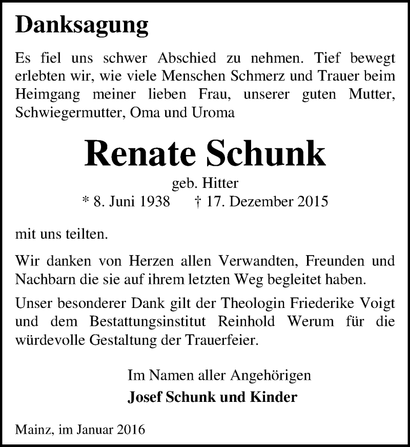  Traueranzeige für Renate Schunk vom 23.01.2016 aus  Allgemeine Zeitung Mainz
