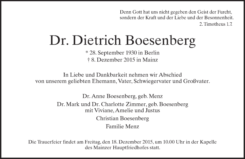  Traueranzeige für Dietrich Boesenberg vom 12.12.2015 aus  Allgemeine Zeitung Mainz
