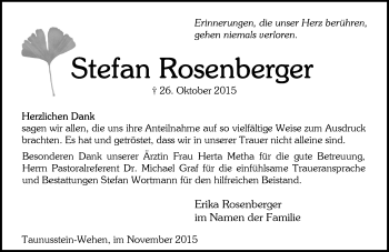 Traueranzeige von Stefan Rosenberger von  WK-UTA/Aar-Bote