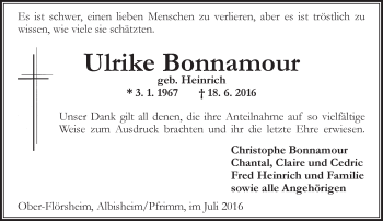 Traueranzeige von Ulrike Bonnamour von Trauerportal Rhein Main Presse