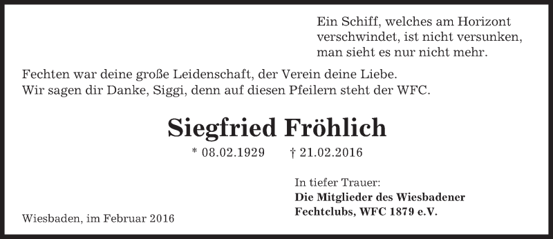  Traueranzeige für Siegfried Fröhlich vom 27.02.2016 aus trauer.rmp.de