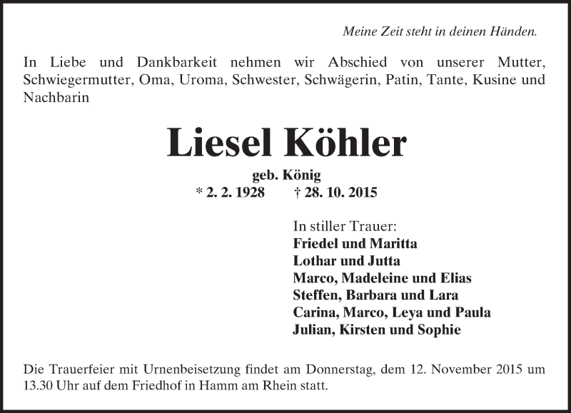  Traueranzeige für Liesel Köhler vom 10.11.2015 aus  Wormser Zeitung
