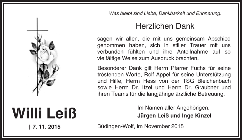  Traueranzeige für Willi Leiß vom 21.11.2015 aus  Sonntags Anzeiger