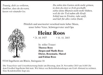 Traueranzeige von Heinz Roos von  Allgemeine  Zeitung Ingelheim-Bingen
