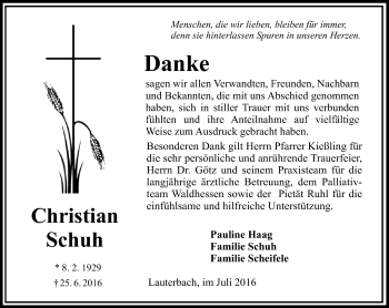 Traueranzeige von Christian Schuh von  OK Oberhessen Kurier