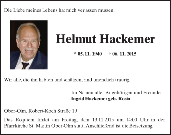 Traueranzeige von Helmut Hackemer von  Allgemeine Zeitung Mainz