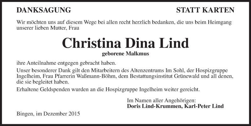  Traueranzeige für Christina Dina Lind vom 24.12.2015 aus  Allgemeine Zeitung Alzey