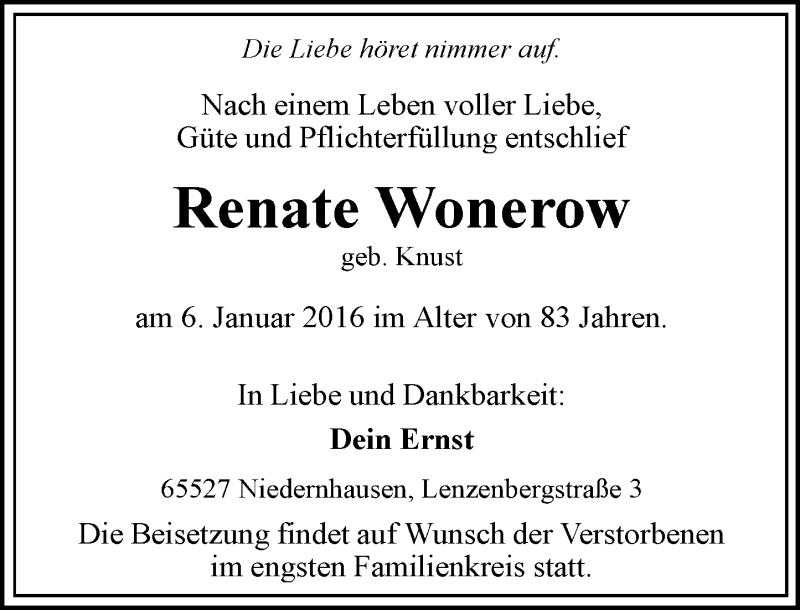  Traueranzeige für Renate Wonerow vom 13.01.2016 aus  Wiesbaden komplett