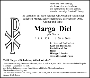 Traueranzeige von Marga Diel von Trauerportal Rhein Main Presse