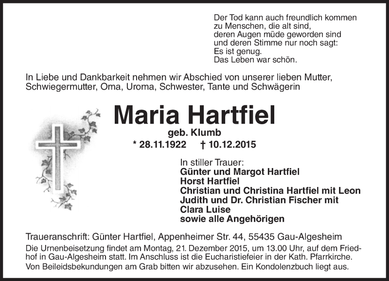  Traueranzeige für Maria Hartfiel vom 16.12.2015 aus  Allgemeine  Zeitung Ingelheim-Bingen
