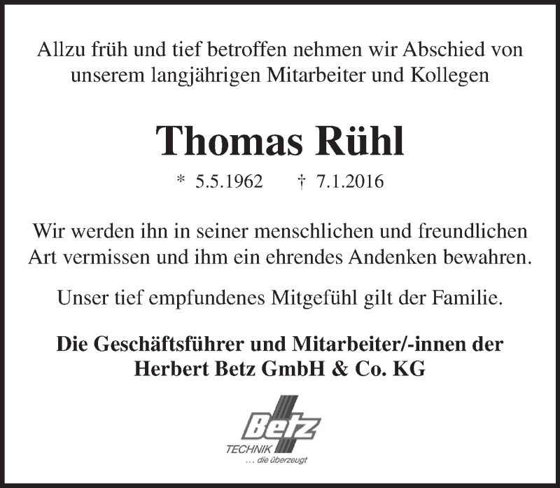  Traueranzeige für Thomas Rühl vom 16.01.2016 aus  Kreisanzeiger