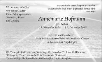 Traueranzeige von Annemarie Hofmann von  Wiesbaden komplett