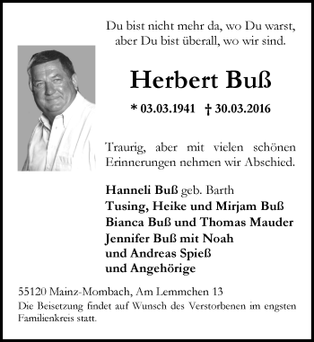 Traueranzeige von Herbert Buß von  Allgemeine Zeitung Mainz