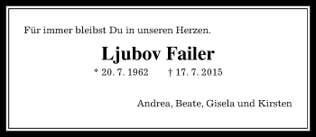 Traueranzeige von Ljubov Failer von  Kreisanzeiger