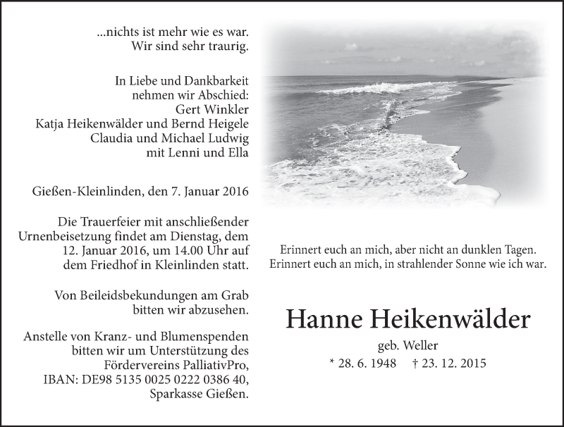  Traueranzeige für Hanne Heikenwälder vom 07.01.2016 aus  Gießener Anzeiger