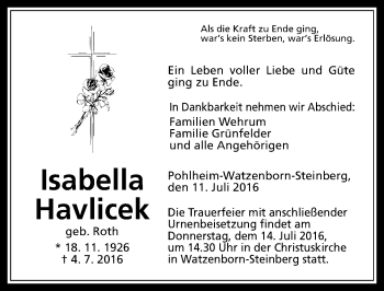 Traueranzeige von Isabella Havlicek von  Gießener Anzeiger