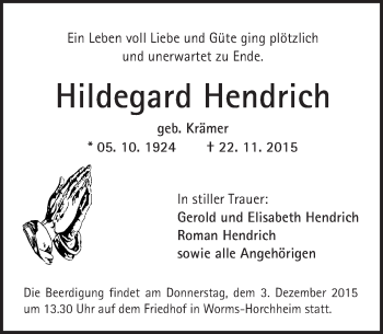 Traueranzeige von Hildegard Hendrich von  Wormser Zeitung