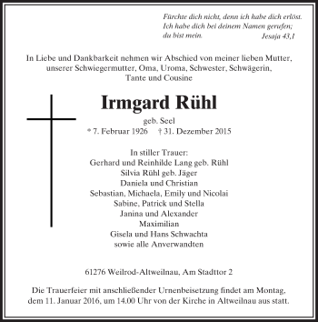Traueranzeige von Irmgard Rühl von  Usinger Anzeiger