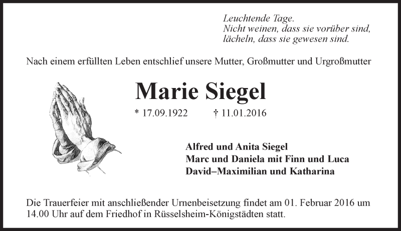  Traueranzeige für Marie Siegel vom 23.01.2016 aus  Mainspitze