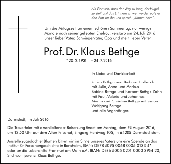 Traueranzeige von Klaus Bethge von Trauerportal Echo Online