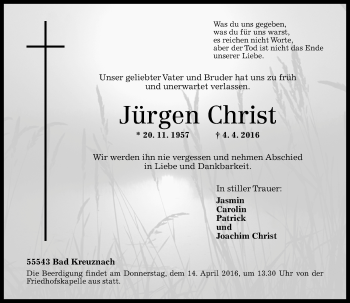 Traueranzeige von Jürgen Christ von  Allg. Zeitung Bad Kreuznach