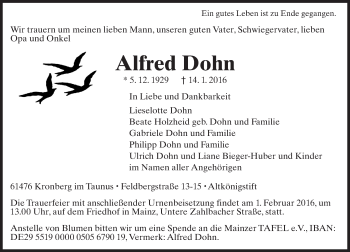 Traueranzeige von Alfred Dohn von  Allgemeine Zeitung Mainz